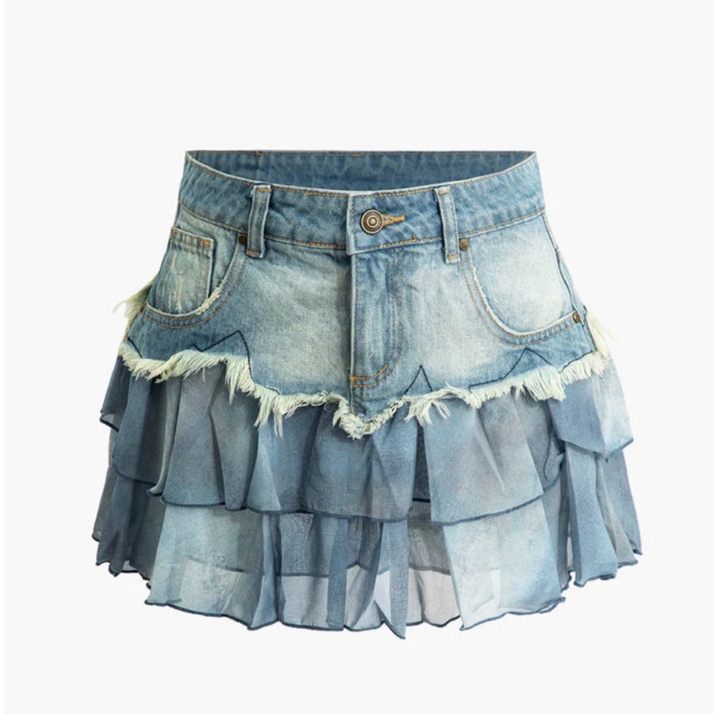 Denim and Chiffon Layered Mini Skirt